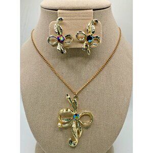 Stunning Unsigned Crimson AB Rhinestone Pearl Leaf Bow Necklace and Clip Earring